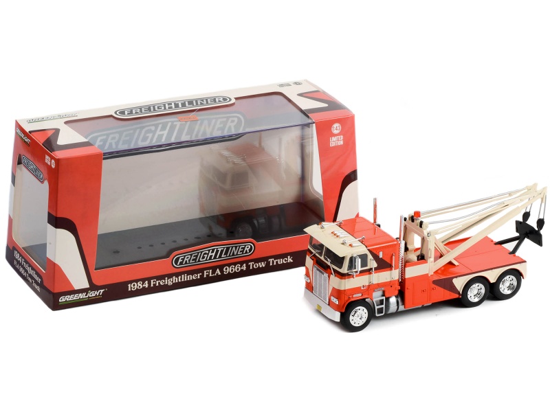 1984 Freightliner Fla 9664 Tow Truck Orange And White With Brown Graphics 1/43 Diecast Model Car By Greenlight