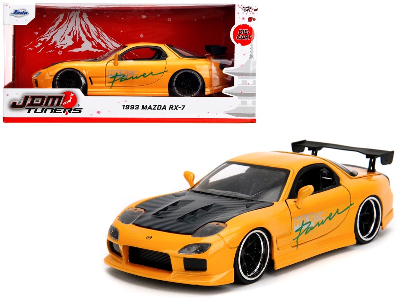 1993 Mazda RX-7 “HKS Power” Yellow with Carbon Hood, JDM Tuners Series 1/24 Diecast Model Car by Jada