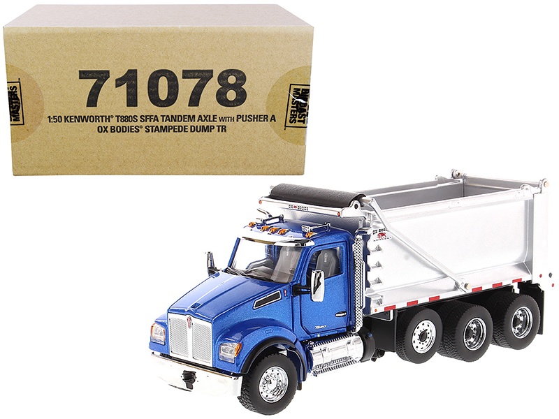 Kenworth T880s Sffa Tandem Axle With Pusher Axle Ox Stampede Dump Truck Blue And Chrome "Transport Series" 1/50 Diecast Model By Diecast Masters