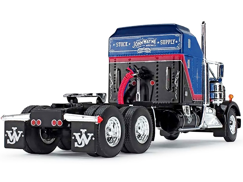 Kenworth W900a Sleeper And Wilson Silverstar Livestock Spread-Axle Trailer Black And Blue With Red Stripes "John Wayne Cattle Co." 1/64 Diecast Model By Dcp/First Gear