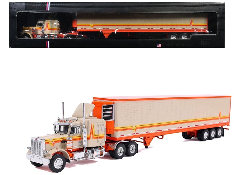 1973 Peterbilt 359 Truck Tractor With Sleeper Cab Cream With Orange And Yellow Stripes And Refrigerate Modern Trailer 1/64 Diecast Model Car By Ixo Models