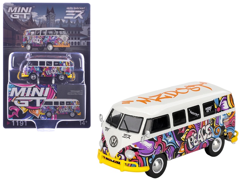 Volkswagen T1 Microbus "Mizu Design" White With Graffiti Graphics Limited Edition 1/64 Diecast Model Car By Mini Gt