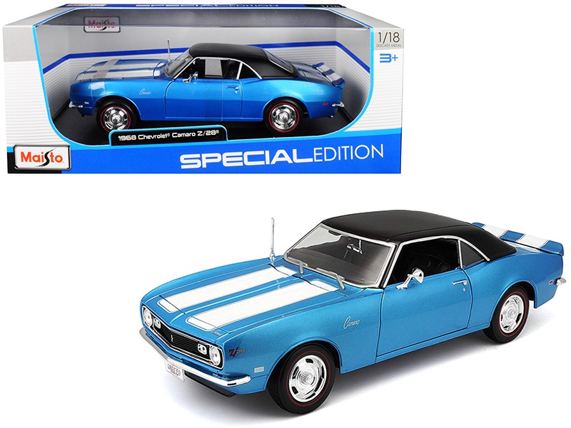 1968 Chevrolet Camaro Z/28 Coupe Blue Metallic With White Stripes And Black Top 1/18 Diecast Model Car By Maisto