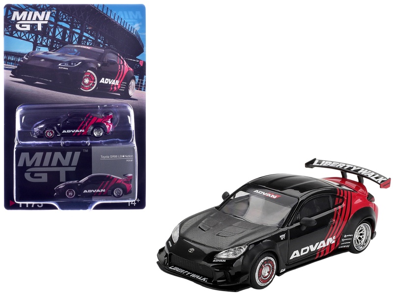 Toyota Gr86 "Lb-Nation - Liberty Walk" Rhd (Right Hand Drive) "Advan" Black And Red With Carbon Hood Limited Edition 1/64 Die Cast Model Car By Mini Gt