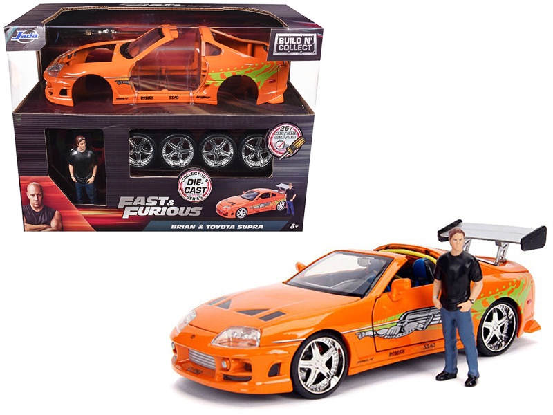 Model Kit Toyota Supra Metallic Orange with Brian Diecast Figure | Fast & Furious 1/24 Diecast Model Car by Jada