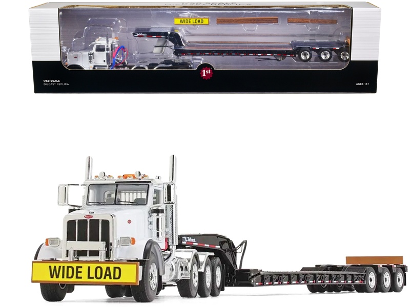 Peterbilt 367 Day Cab White And Talbert 55Sa Tri-Axle Lowboy Trailer Black 1/50 Diecast Model By First Gear
