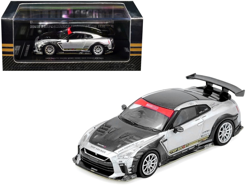 Nissan Gt-R (R35) Top Secret Rhd (Right Hand Drive) Silver Metallic With Carbon Hood And Top "Tokyo Auto Salon Hong Kong 2025 Event Edition" 1/64 Diecast Model Car By Inno Models