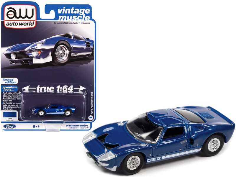 1965 Ford Gt40 Mk1 Blue Metallic With White Stripes "Vintage Muscle" Limited Edition 1/64 Diecast Model Car By Auto World