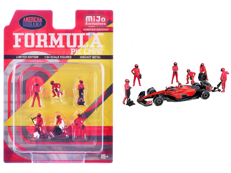 "Formula Pit Crew – Team Red" 6 Piece Diecast Figure Set (6 Figures) Limited Edition For 1/64 Scale Models By American Diorama