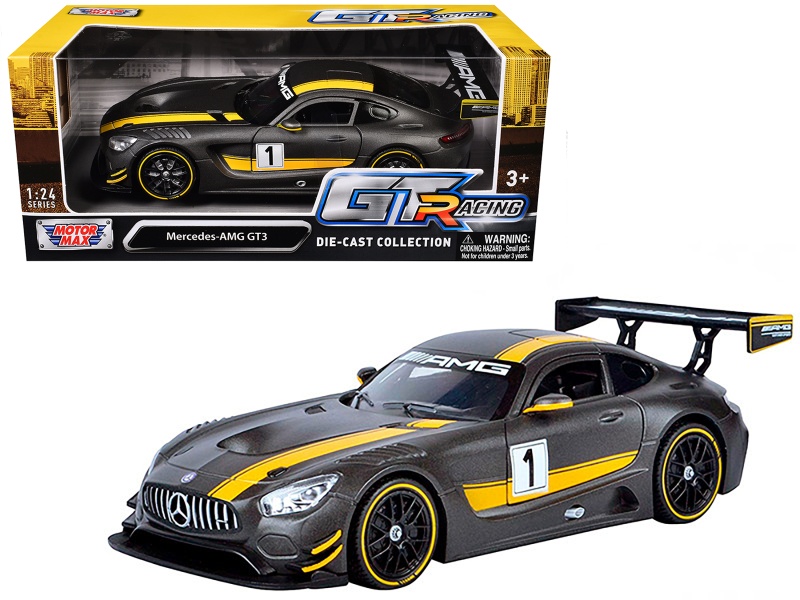 Mercedes Amg Gt3 #1 Matt Gray With Yellow Stripes "Gt Racing" 1/24 Diecast Model Car By Motormax