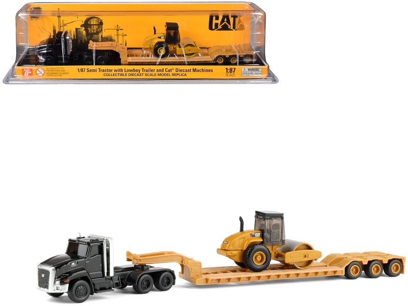 Kenworth T880 Tractor Black With Lowboy Trailer And Cat Roller Yellow 1/87 (Ho) Diecast Model By Diecast Masters