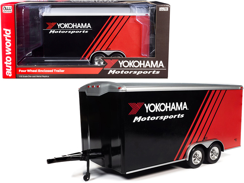 Four Wheel Enclosed Car Trailer "Yokohama Motorsports" Black And Red For 1/18 Scale Model Cars By Auto World