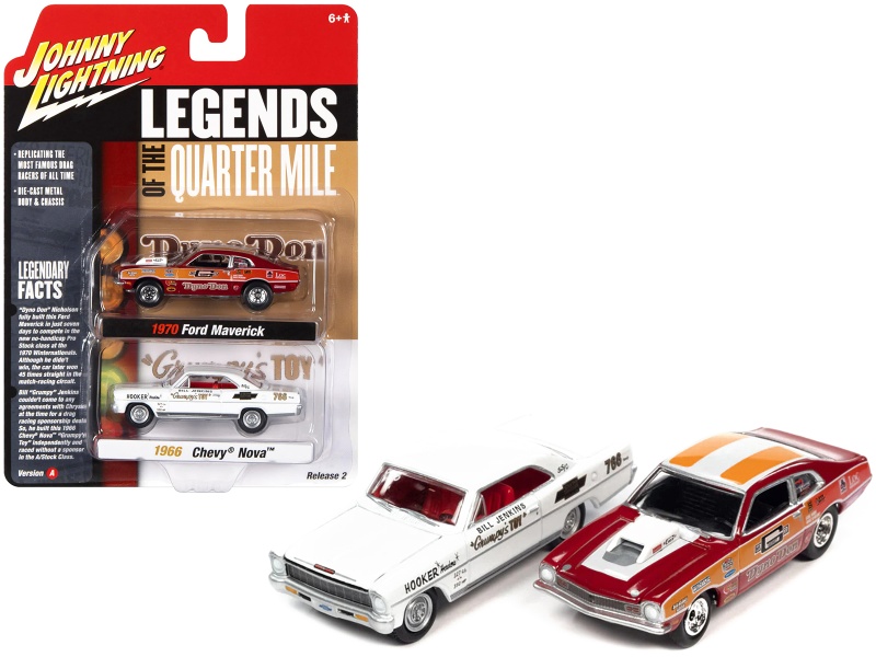 1970 Ford Maverick Red Orange And White "Dyno" Don Nicholson And 1966 Chevrolet Nova White Bill "Grumpy" Jenkins "Legends Of The Quarter Mile" Series Set Of 2 Cars 1/64 Diecast Model Cars By Johnny Lightning