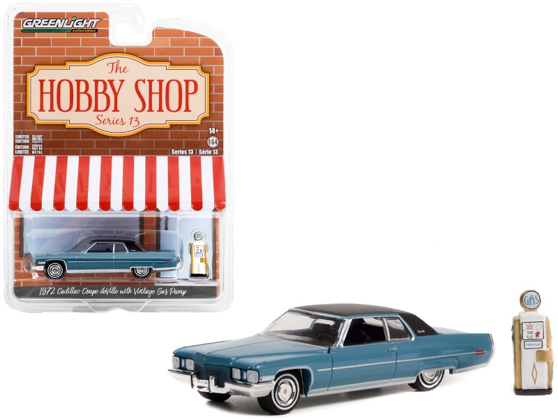 1972 Cadillac Coupe Deville Blue With Black Top And Vintage Gas Pump "The Hobby Shop" Series 13 1/64 Diecast Model Car By Greenlight
