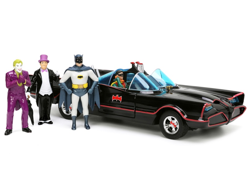 1966 Classic Batmobile With Diecast Batman The Joker The Penguin And Plastic Robin Sitting Inside The Car "Batman" Tv Series (1966) "Hollywood Rides" Series 1/24 Diecast Model Car By Jada