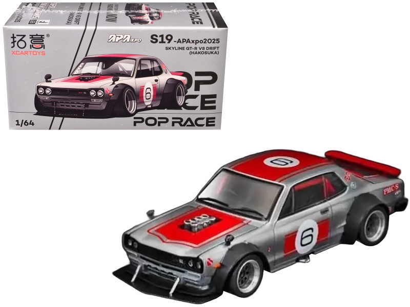 Skyline Gt-R V8 Drift "Hakosuka" Rhd (Right Hand Drive) #6 Silver Metallic With Red Stripes "Apa Xpo 2025 Exclusive" 1/64 Diecast Model Car By Pop Race