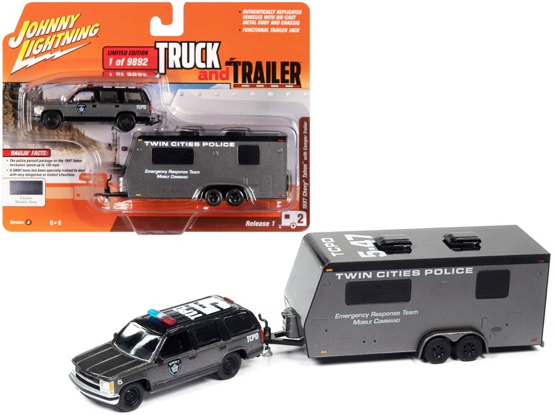 1997 Chevrolet Tahoe "Swat" Custom Gray Metallic And Black With "Twin Cities Police" Camper Trailer Limited Edition To 9892 Pieces Worldwide "Truck And Trailer" Series 1/64 Diecast Model Car By Johnny Lightning