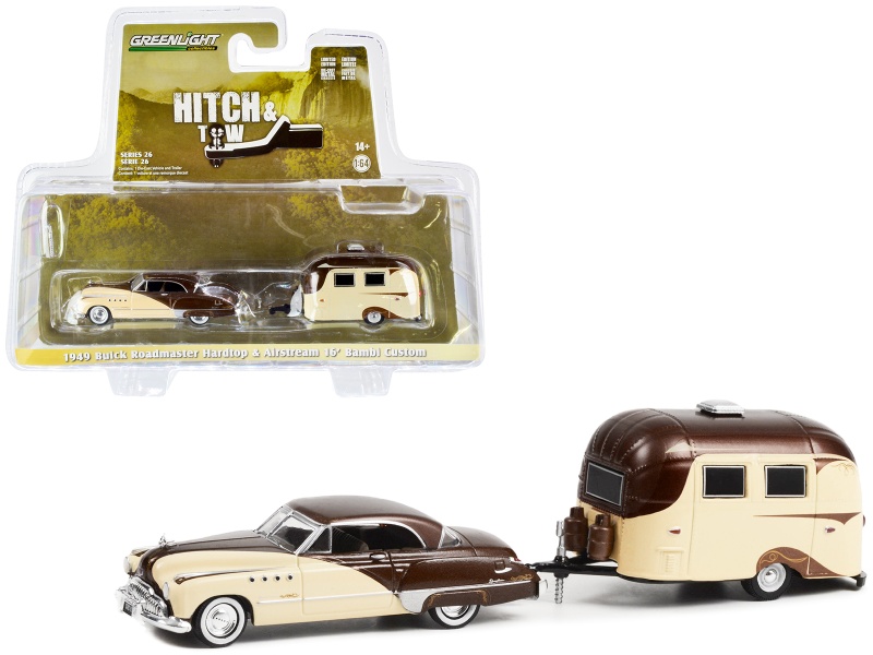 1949 Buick Roadmaster Hardtop Brown And Tan And Airstream 16' Bambi Brown And Tan "Hitch & Tow" Series 26 1/64 Diecast Model Car By Greenlight