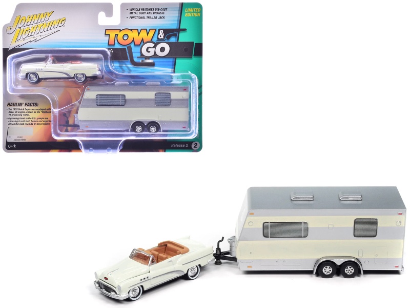 1953 Buick Super Cream With Travel Trailer Limited Edition "Tow & Go" Series 1/64 Diecast Model Car By Johnny Lightning