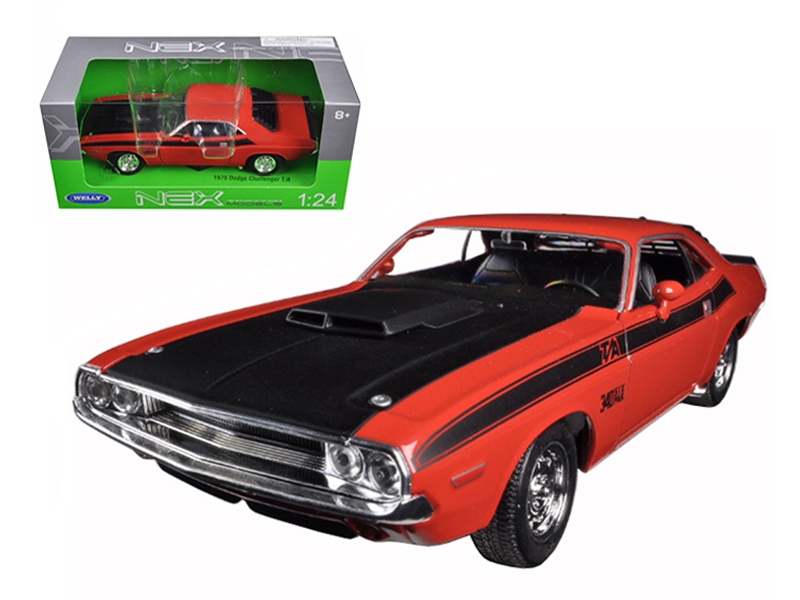 1970 Dodge Challenger T/A Orange With Black Hood And Black Stripes "Nex Models" 1/24-1/27 Diecast Model Car By Welly