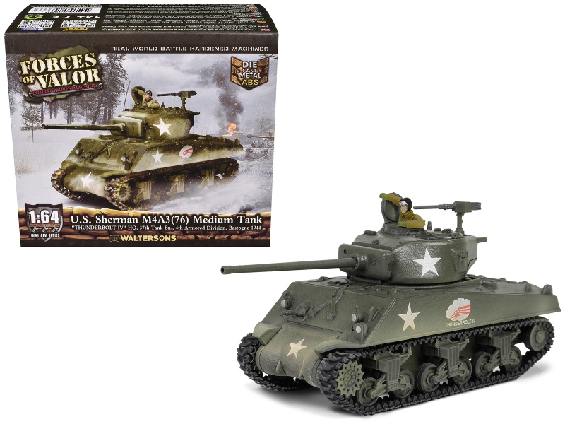 U.S. Sherman M4a3(76) Medium Tank "Thunderbolt Iv 37Th Tank Battalion 4Th Armored Division Bastogne" (1944) United States Army "Mini Afv" Series 1/64 Diecast Model By Forces Of Valor