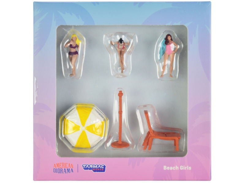 "Beach Girls" 5 Piece Diecast Figure Set (3 Female Figures And 2 Beach Accessories) For 1/64 Scale Models By Tarmac Works & American Diorama
