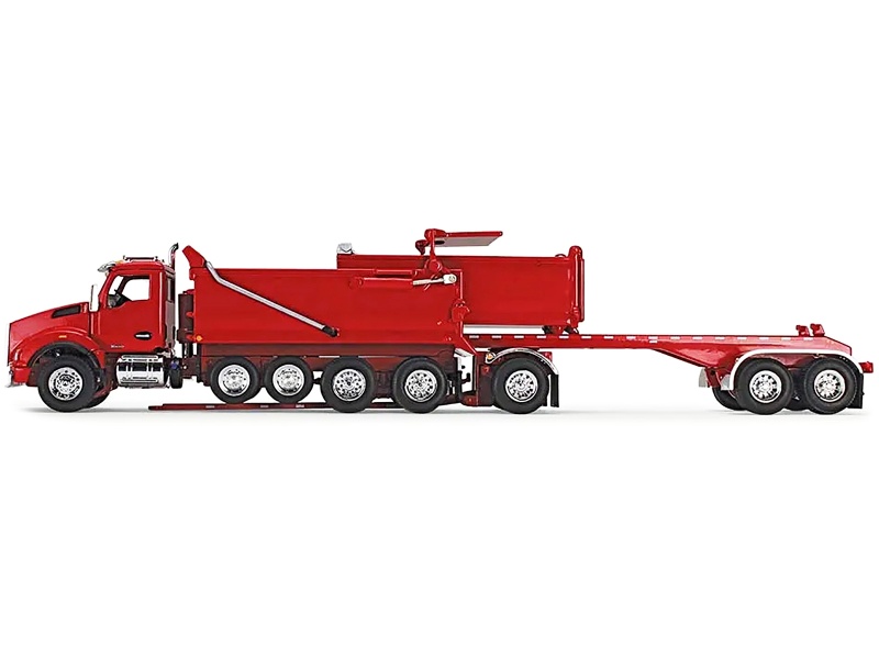 Kenworth T880 Quad-Axle Dump Truck And Rogue Transfer Tandem-Axle Dump Trailer Viper Red 1/64 Diecast Model By Dcp/First Gear