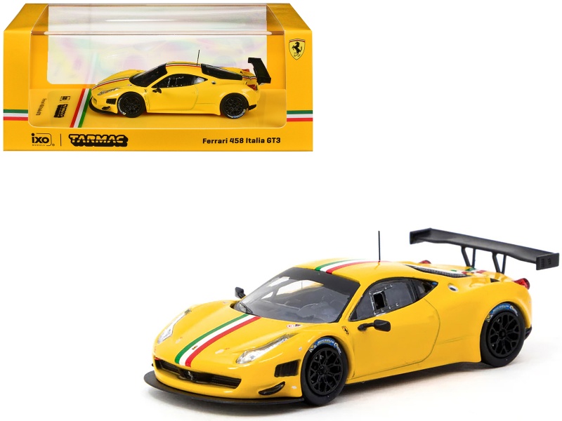 Ferrari 458 Italia Gt3 Yellow With Italian Flag Stripes "Road64" Series 1/64 Diecast Model Car By Tarmac Works