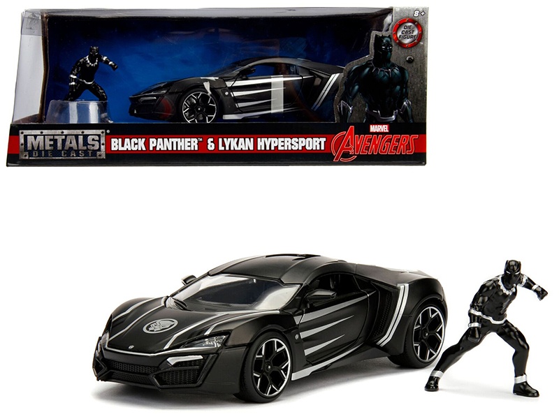 Lykan Hypersport Black With Black Panther Diecast Figurine "Avengers" "Marvel" Series 1/24 Diecast Model Car By Jada