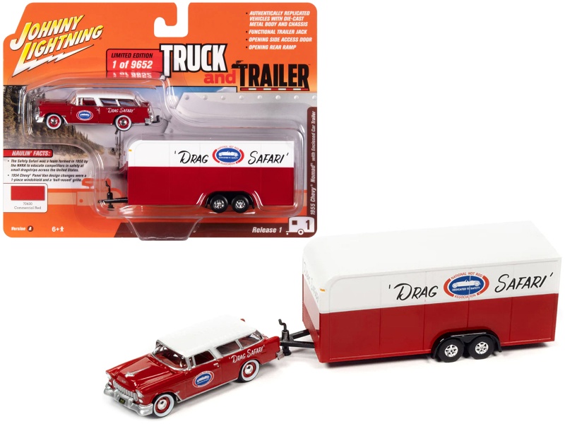 1955 Chevrolet Nomad "Nhra Drag Safari" Commercial Red With White Top With Enclosed Car Trailer Limited Edition To 9652 Pieces Worldwide "Truck And Trailer" Series 1/64 Diecast Model Car By Johnny Lightning