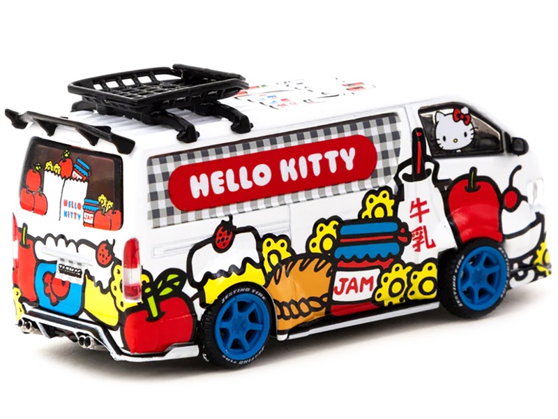 Toyota Hiace Widebody Van "Hello Kitty Capsule Delivery" With Metal Oil Can 1/64 Diecast Model Car By Tarmac Works