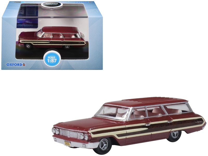 1964 Ford Country Station Wagon Squire Vintage Burgundy With Woodgrain Sides And White Interior 1/87 (Ho) Scale Diecast Model Car By Oxford Diecast