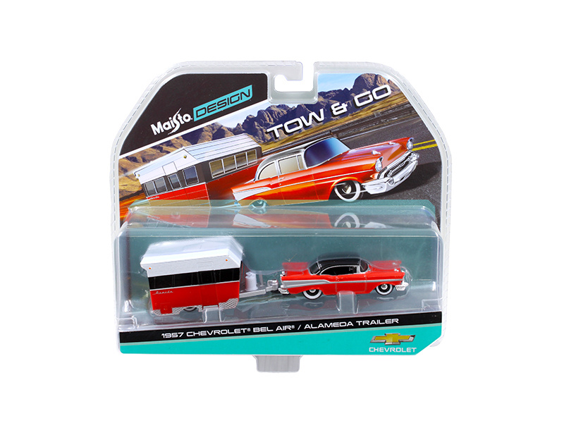 1957 Chevrolet Bel Air With Alameda Trailer Red Tow & Go 1/64 Diecast Model By Maisto
