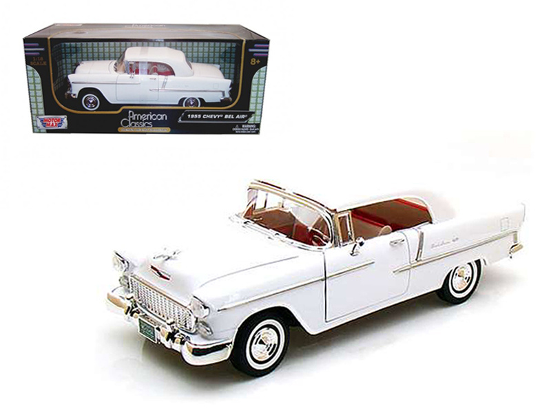 1955 Chevrolet Bel Air Soft Top Convertible White 1/18 Diecast Model Car By Motormax