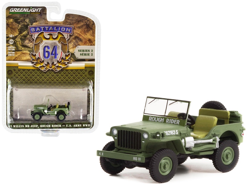 1942 Willys Mb Jeep #20362162-S Green "U.S. Army World War Ii - Rough Rider" "Battalion 64" Release 2 1/64 Diecast Model Car By Greenlight