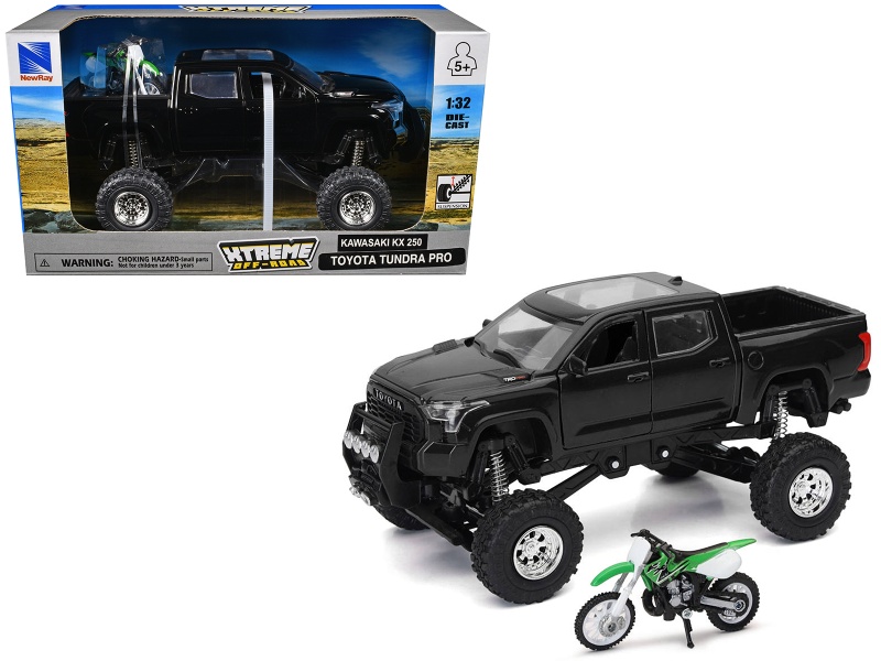 Toyota Tundra Pro Pickup Truck Black And Kawasaki Kx 250 Motorcycle Green And White "Xtreme Off-Road" Series 1/32 Diecast Models By New Ray