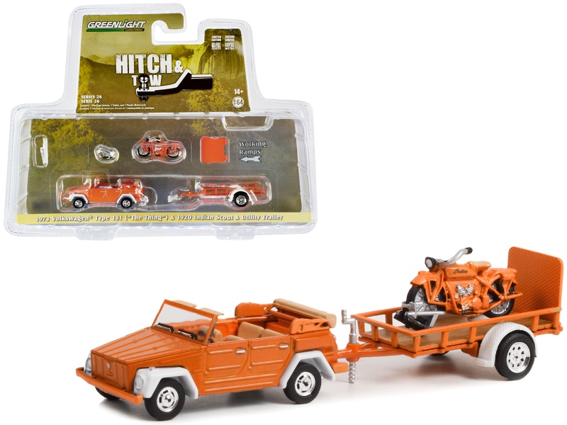 1973 Volkswagen Thing (Type 181) Convertible Orange And 1920 Indian Scout Motorcycle Orange With Utility Trailer "Hitch & Tow" Series 26 1/64 Diecast Model Car By Greenlight