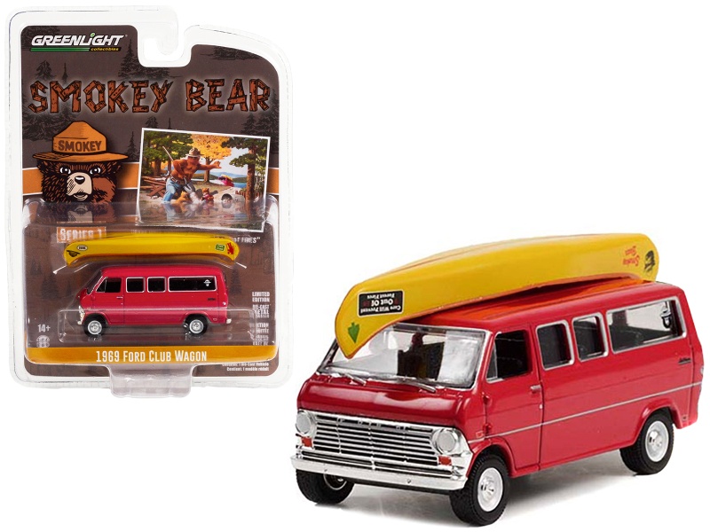 1969 Ford Club Wagon Van Red With Canoe On Roof "Care Will Prevent 9 Out Of 10 Forest Fires!" "Smokey Bear" Series 1 1/64 Diecast Model Car By Greenlight