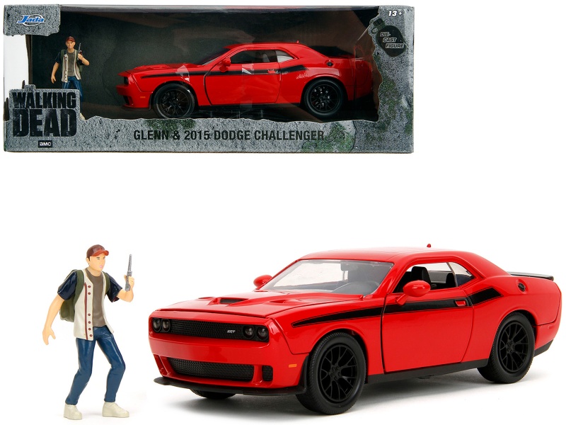 2015 Dodge Challenger Red with Black Stripes and Glenn Diecast Figure - The Walking Dead