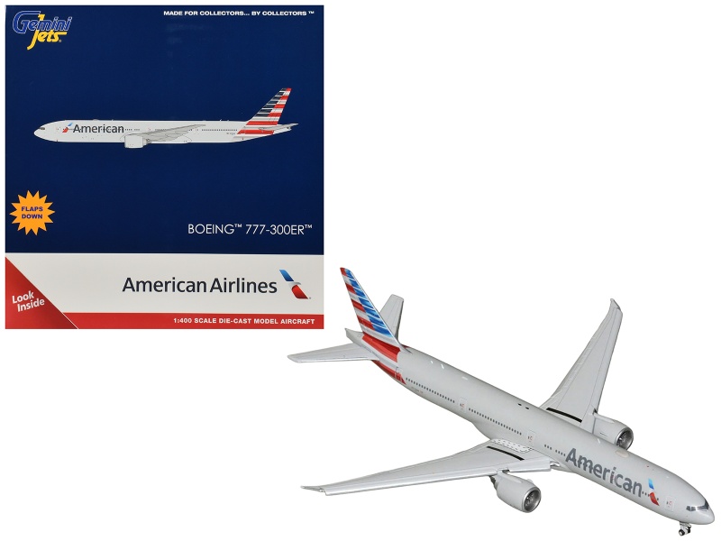 Boeing 777-300Er Commercial Aircraft With Flaps Down "American Airlines" (N722an) Gray With Striped Tail 1/400 Diecast Model By Geminijets