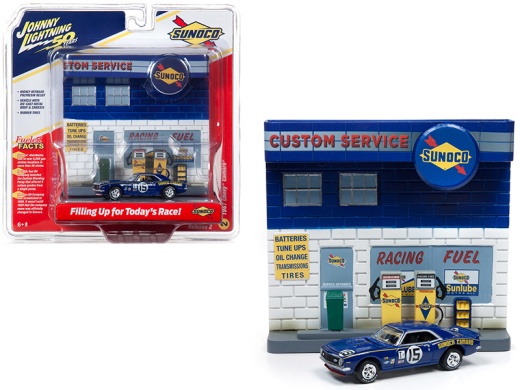 1967 Chevrolet Camaro #15 'Sunoco' with 'Sunoco' Exterior Service Gas Station Facade Diorama Set 'Johnny Lightning 50th Anniversary' 1/64 Diecast Model Car