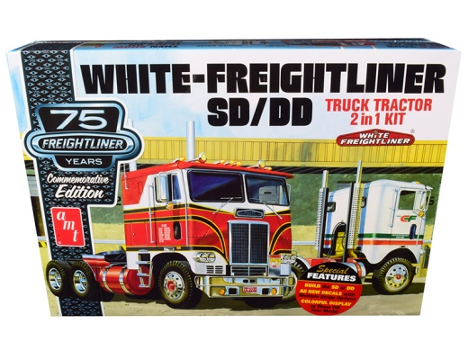 White Freightliner SD/DD Truck Tractor 2-in-1 Kit with Display Base 75th Anniversary Commemorative Edition 1/25 Scale Model by AMT