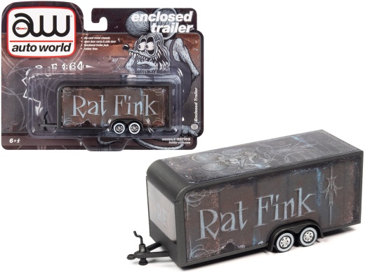 4-Wheel Enclosed Car Trailer Dark Gray With Graphics 'Rat Fink' 1/64 Diecast Model by Auto World