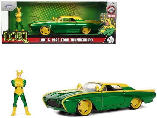 1963 Ford Thunderbird Green and Yellow Metallic with Hood Graphics and Loki Diecast Figure Diecast Model Car By Jada