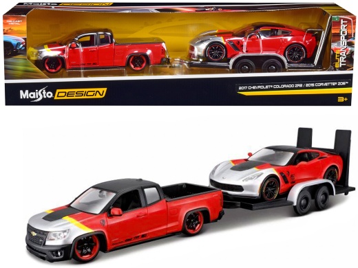 2017 Chevrolet Colorado ZR2 Pickup Truck Red and 2015 Chevrolet Corvette Z06 Red with Flatbed Trailer Set of 3 Pieces Elite Transport Series 1/24 Diecast Model Cars by Maisto