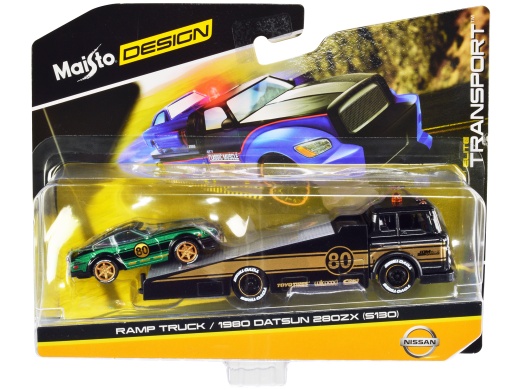 Maisto Ramp Truck #80 Dark Gray Metallic with Gold Metallic Stripes JDM Garage and 1980 Datsun 280ZX S130 #80 Green Metallic with Stripes Elite Transport Series 1/64 Diecast Models