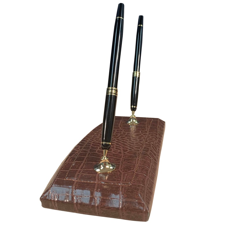 Brown Crocodile Embossed Leather Double Pen Stand
