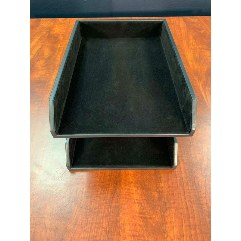 Classic Black Leather Double Legal Trays With Silver Posts