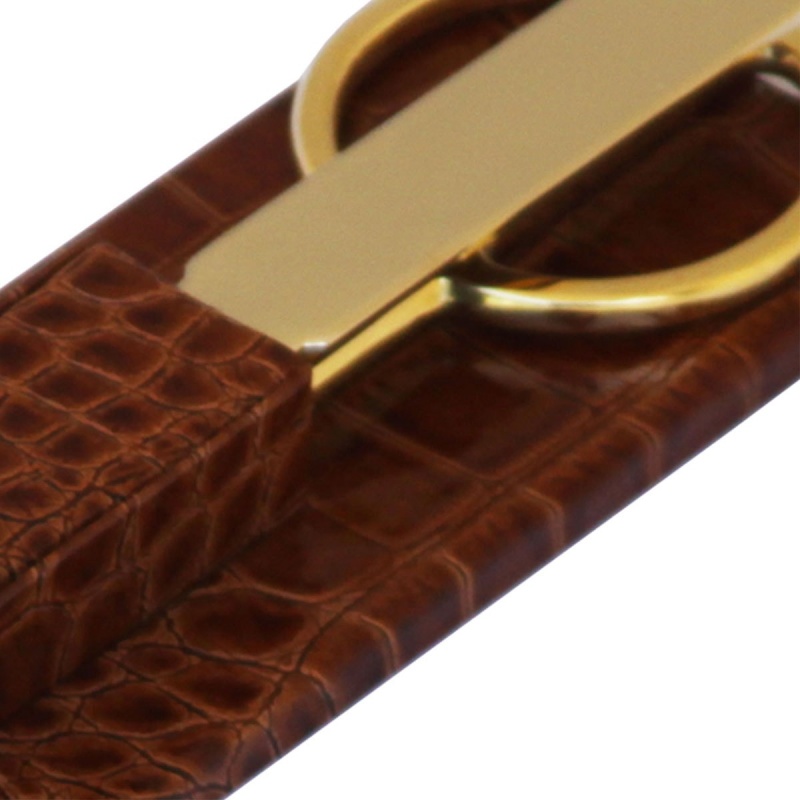 Protacini Cognac Brown Italian Crocodile Leather Library Set - Gold