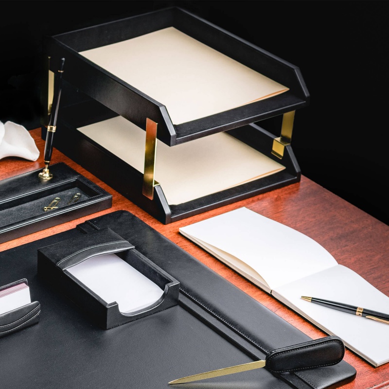 Classic Black Leather Front-Load Letter Trays With Gold Stacking Posts